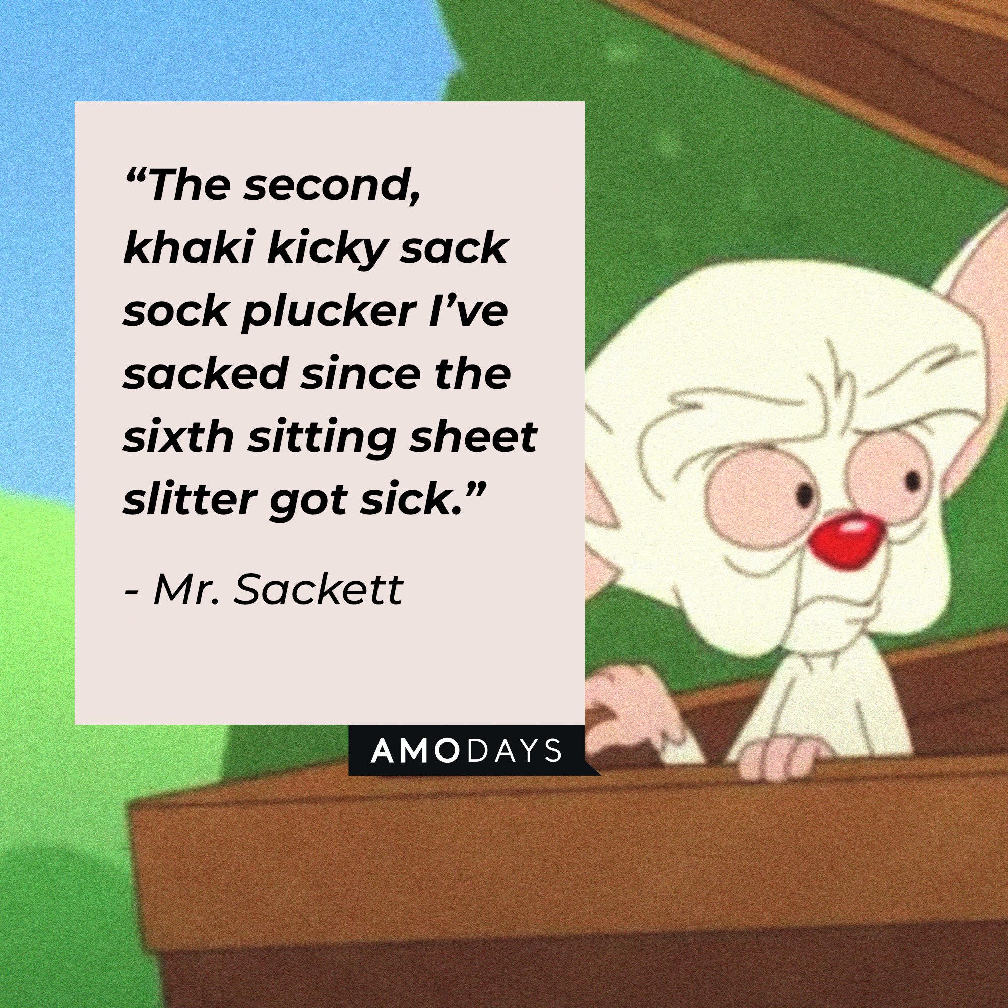 Mr. Sackett's quote: “The second, khaki kicky sack sock plucker I’ve sacked since the sixth sitting sheet slitter got sick.” | Image; AmoDays