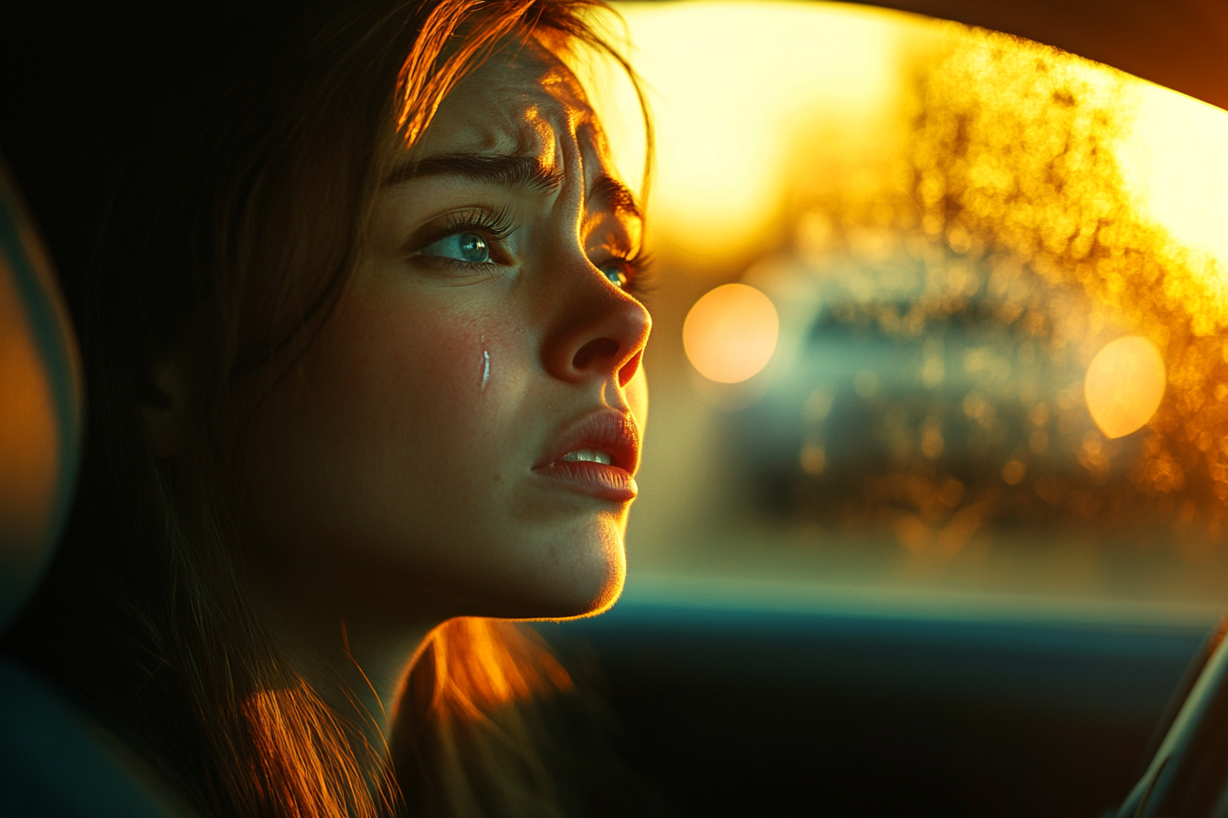 A teary-eyed woman in a car | Source: Midjourney