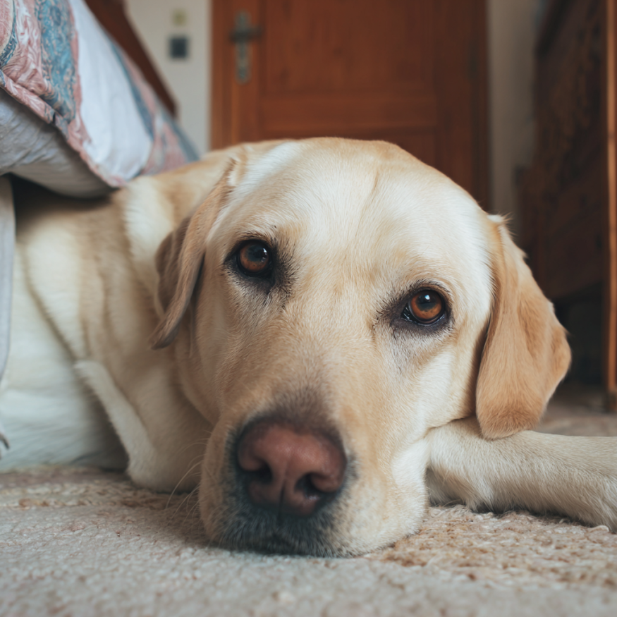 A dog lying beside a bed | Source: Midjourney