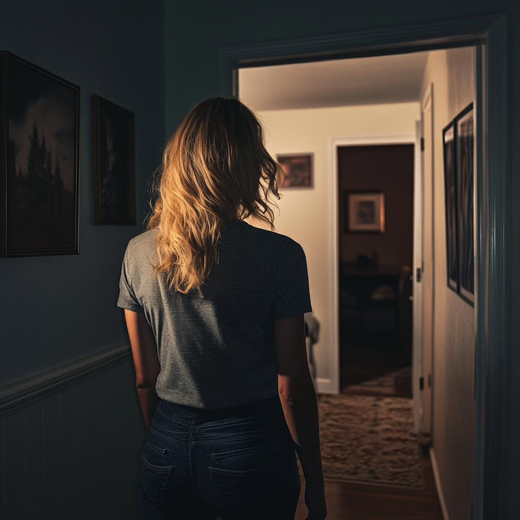 A woman walking in her hallway | Source: Midjourney