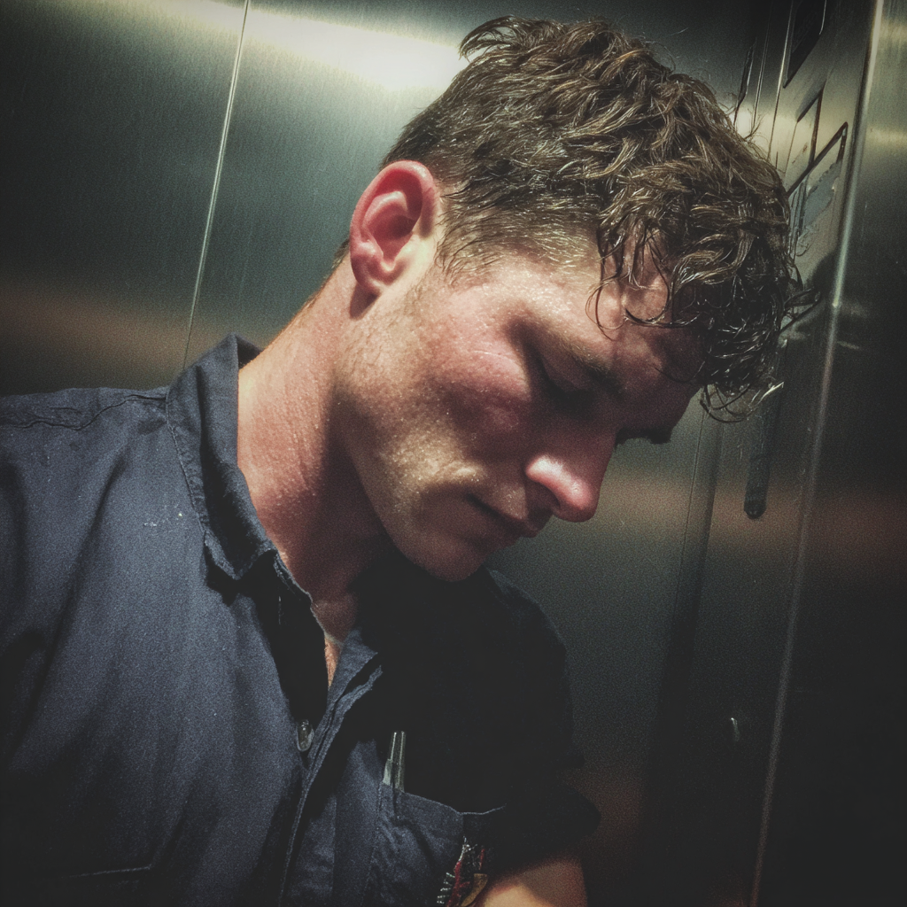 A tired man standing in an elevator | Source: Midjourney