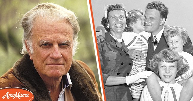 [Left] The evangelist Billy Graham in Essen, Germany on March 20, 1993; [Right] American evangelist Billy Graham embraces his family upon his return from his 'Crusade for Christ' tour, New York, New York, mid 1950s. | Source: Getty Images