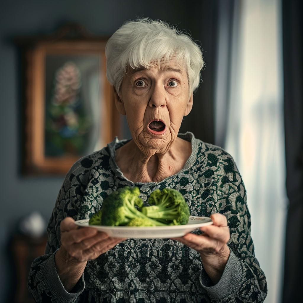 A shocked senior woman holding a plate with broccoli | Source: Midjourney