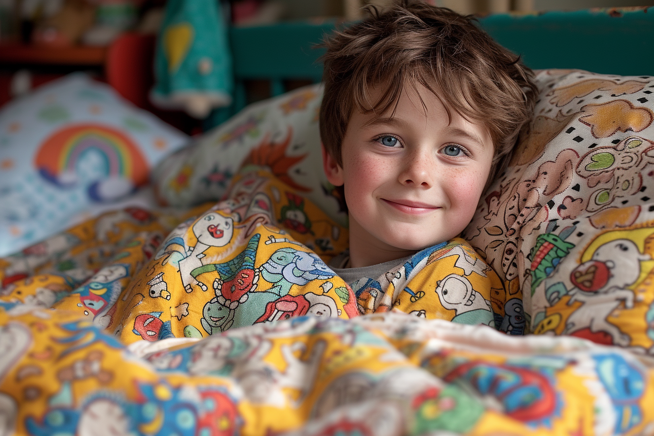 A smiling little boy in bed | Source: Midjourney