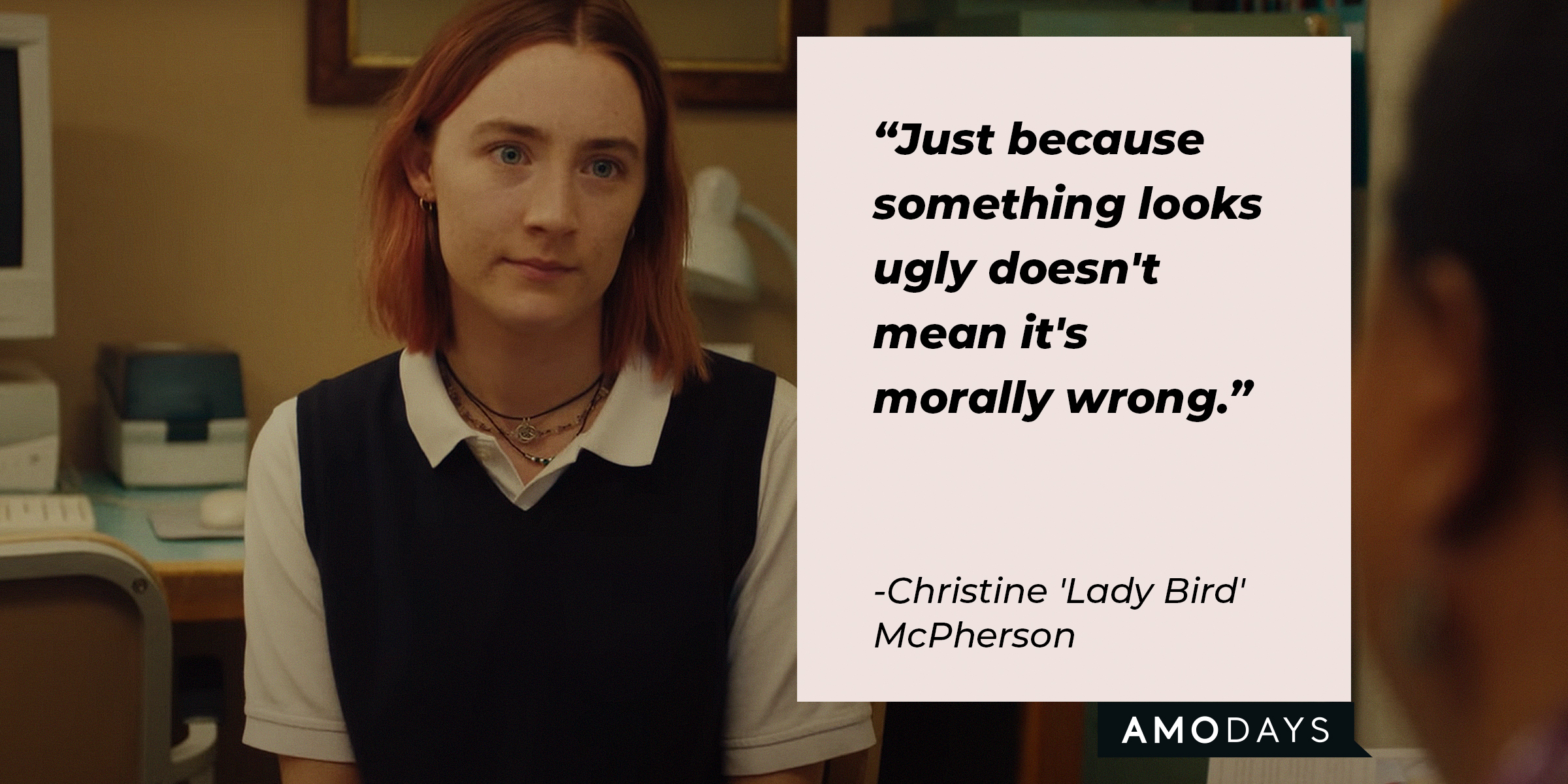 A photo of Christine 'Lady Bird' McPherson with the quote, "Just because something looks ugly doesn't mean it's morally wrong." | Source: youtube.com/A24