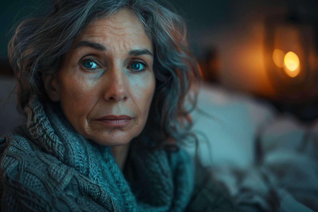 Close-up of a sad older woman sitting on the couch | Source: Midjourney