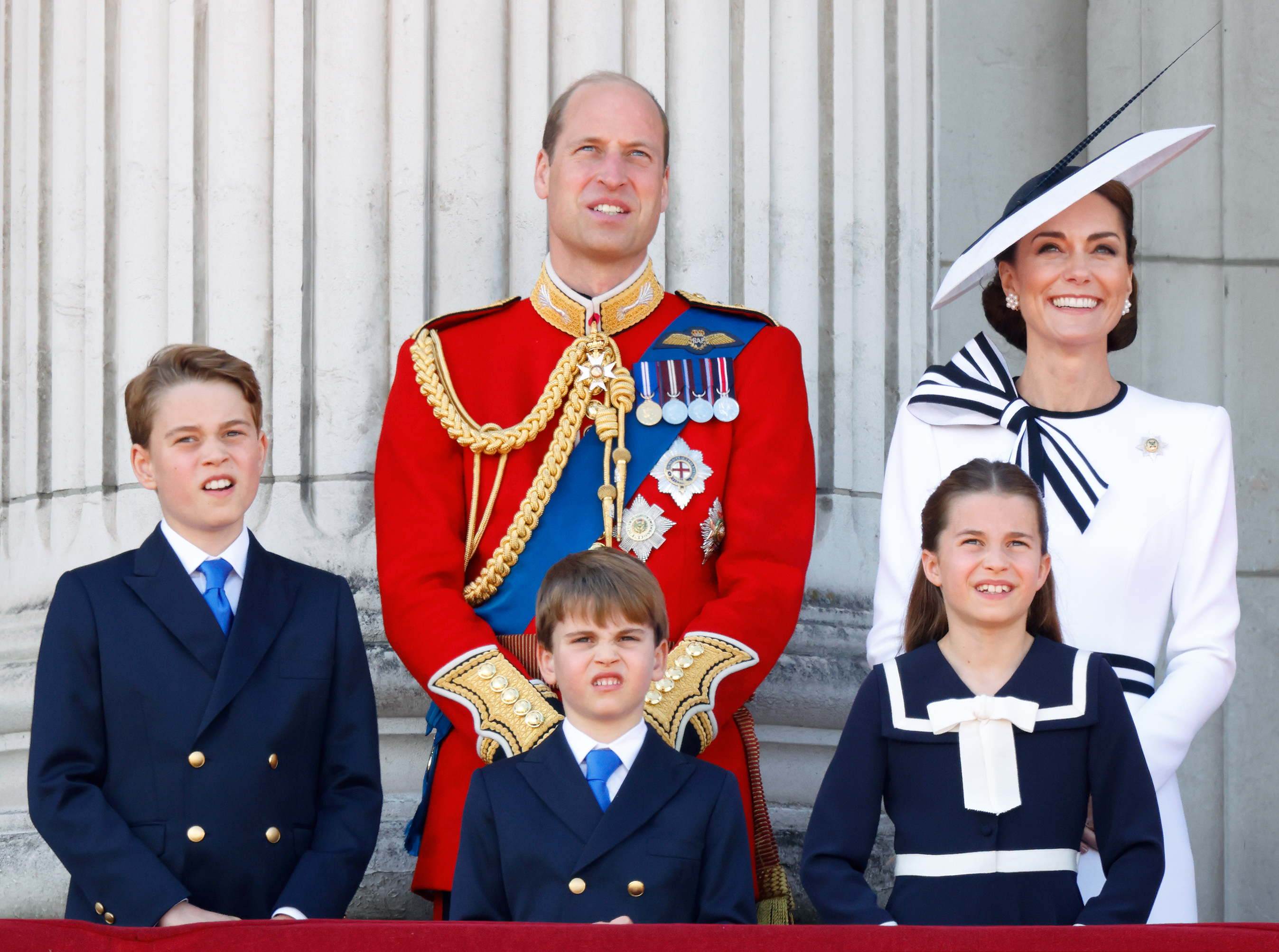 Prince George of Wales, Prince William, Prince of Wales, Prince Louis of Wales, Princess Charlotte of Wales, and Catherine, Princess of Wales on the balcony of Buckingham Palace attending Trooping the Colour in London, England, on June 15, 2024. | Source: Getty Images