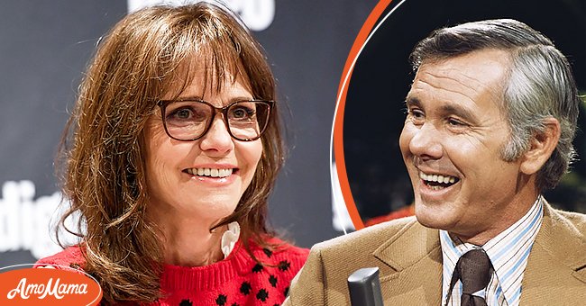 Sally Field signs copies of her new book "In Pieces" at Indigo Bay & Bloor on October 9, 2018 in Toronto, Canada [Left]. Johnny Carson at "The Tonight Show" circa 1970 [Right]:  | Photo: Getty Images