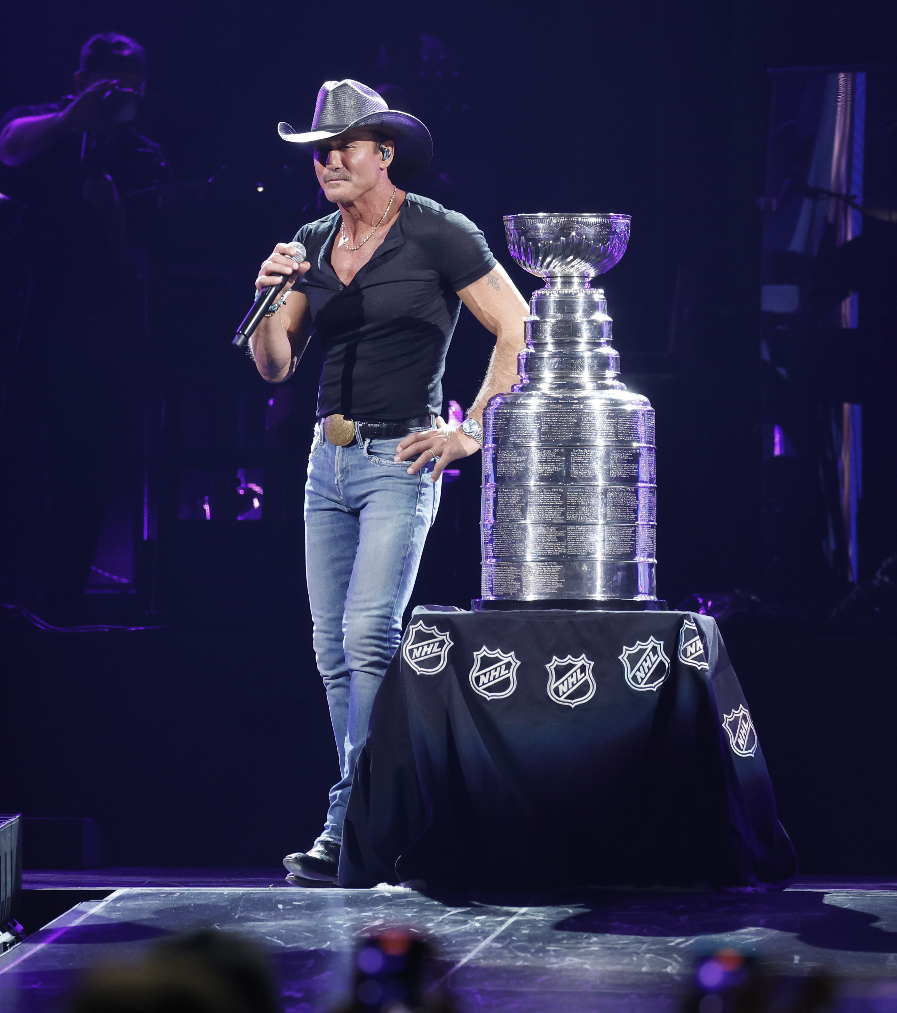 Tim McGraw standing next to the Stanley Cup on stage during the Standing Room Only Tour in Nashville, Tennessee on April 25, 2024. | Source: Getty Images
