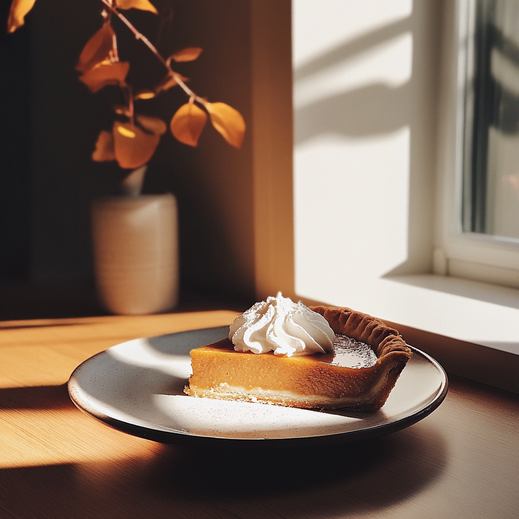 A slice of pumpkin pie and whipped cream | Source: Midjourney