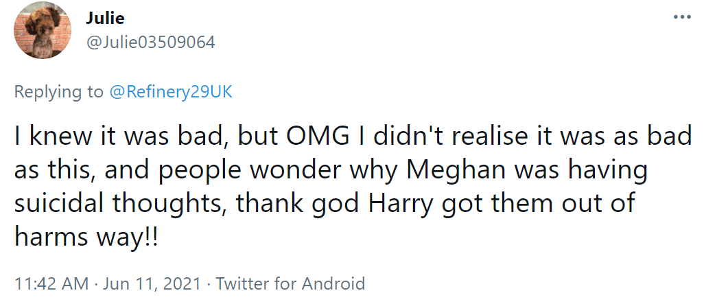 A Twitter user comments on the Duchess Meghan article by "Refinery29" on June 11, 2021 | Photo: Twitter/@Refinery29UK