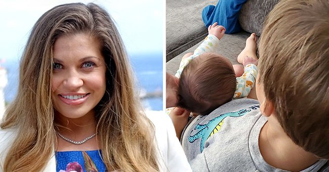 Danielle Fishel attends Catalina Film Festival's Annual Brunch at Blanny's 2014 on September 27, 2014 in Catalina Island, California, the next image shows her children on the couch | Photo: Getty Images and Instagram/@daniellefishel