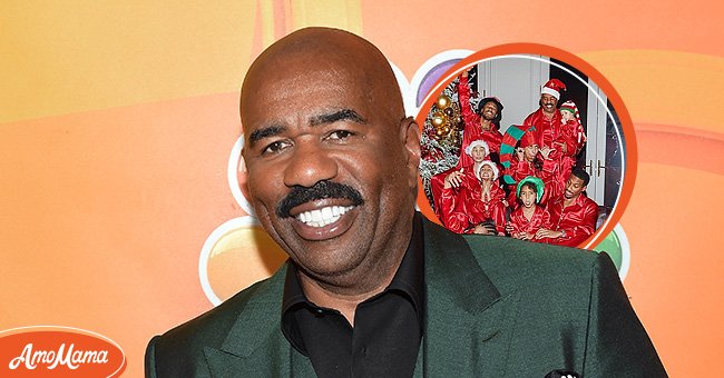 Left: "Family Feud" host Steve Harvey | Photo: Getty Images Inset: The Harvey family in matching pajamas | Photo: Instagram.com/iamsteveharveytv