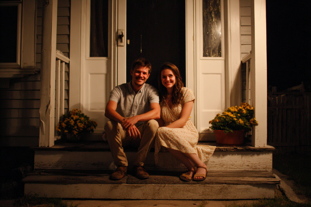 A brother-sister duo sitting on the front porch of their home | Source: Midjourney