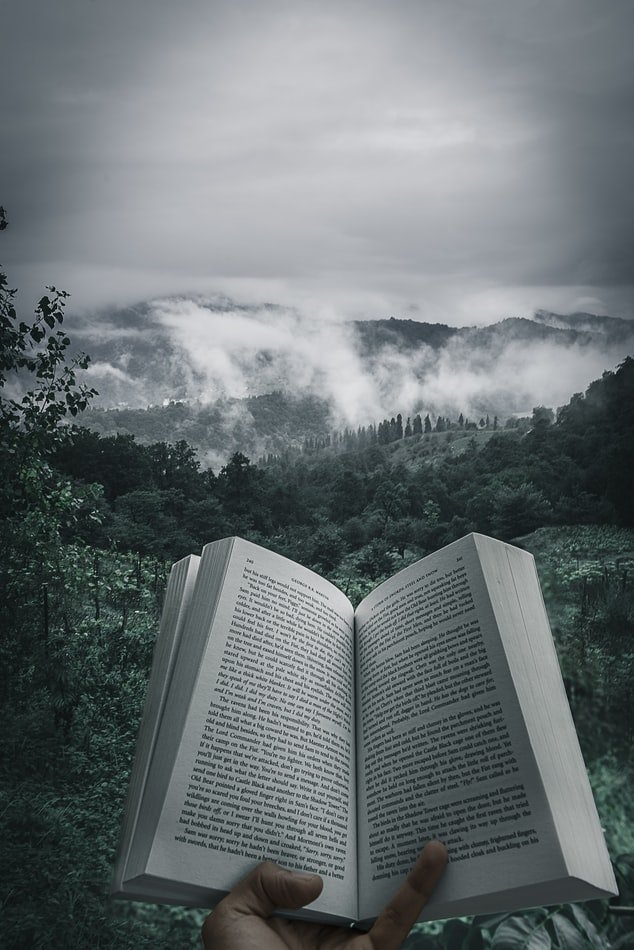 Un livre devant un beau paysage. l Source : Unsplash