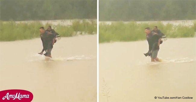 Man gets out of car as he sees woman trapped in flooded vehicle disappear underwater