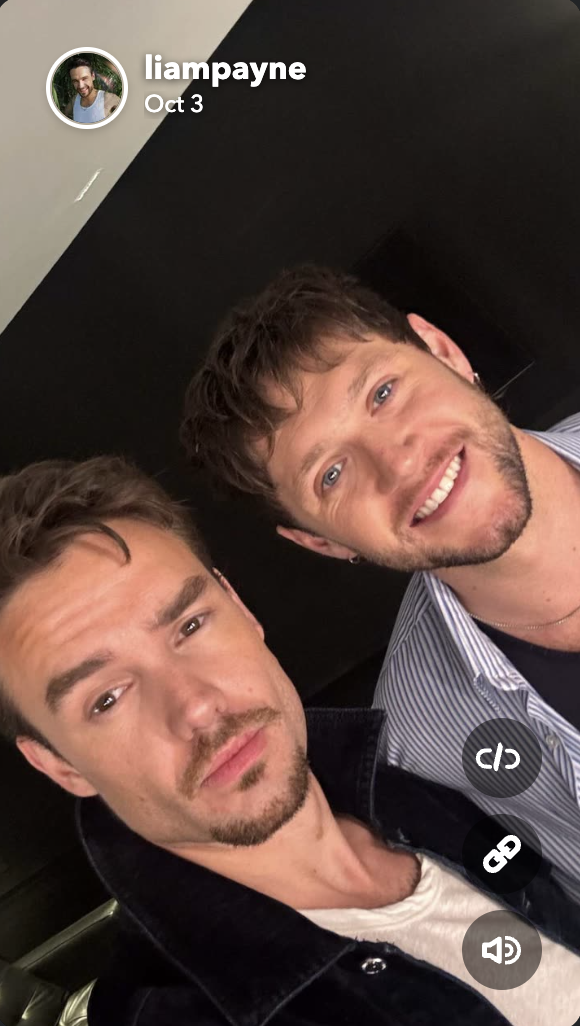 Liam Payne shares a Snapchat photo with Niall Horan, posted it on October 3, 2024 | Snapchat.com/liampayne