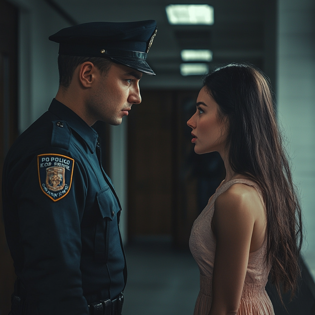 A police officer listening to a serious woman | Source: Midjourney