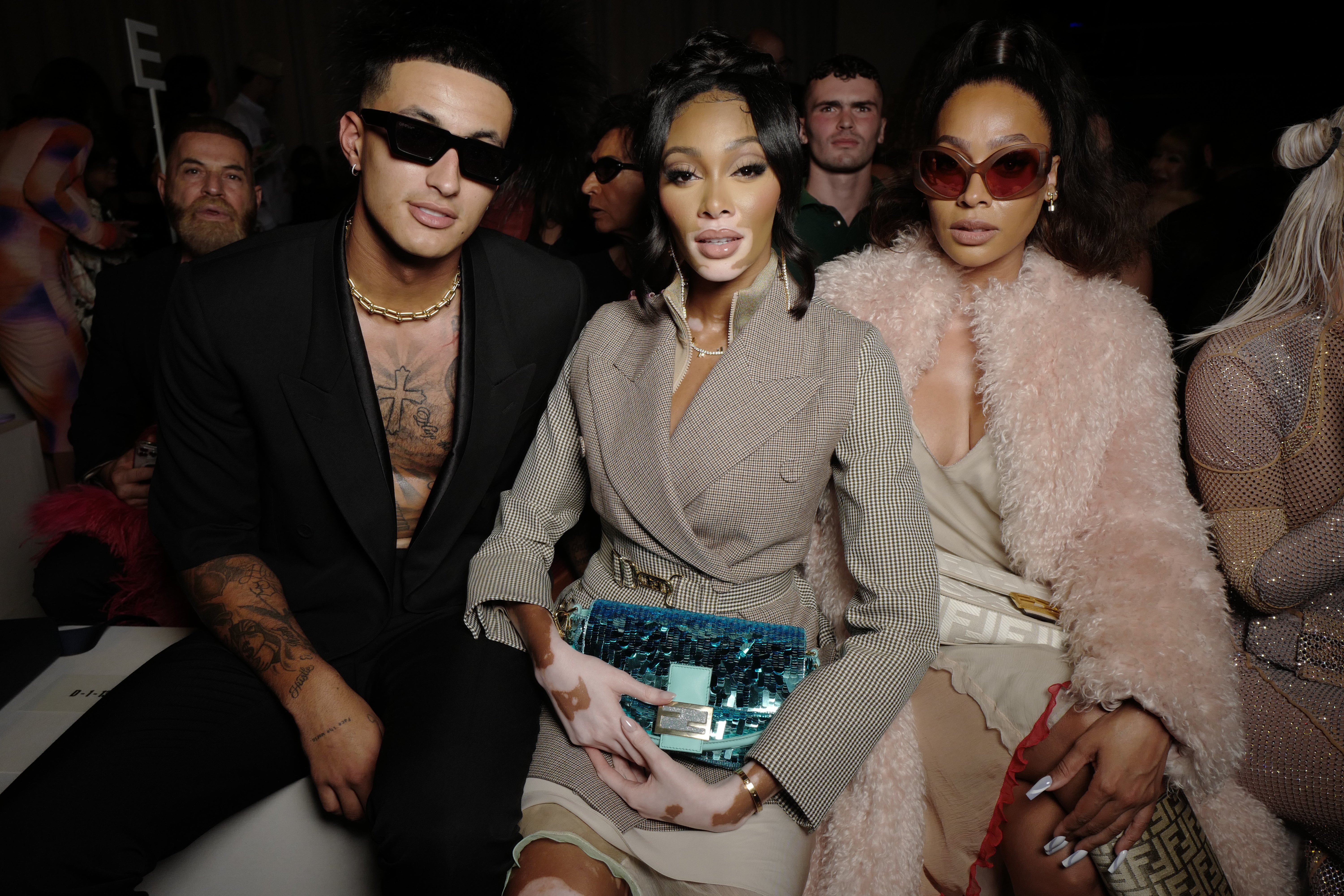 Kyle Kuzma, Winnie Harlow, Lala Anthony at the Front Row of the Fendi Spring 2023 fashion show at the Hammerstein Ballroom on September 9, 2022, in New York City, New York. | Source:  Getty Images