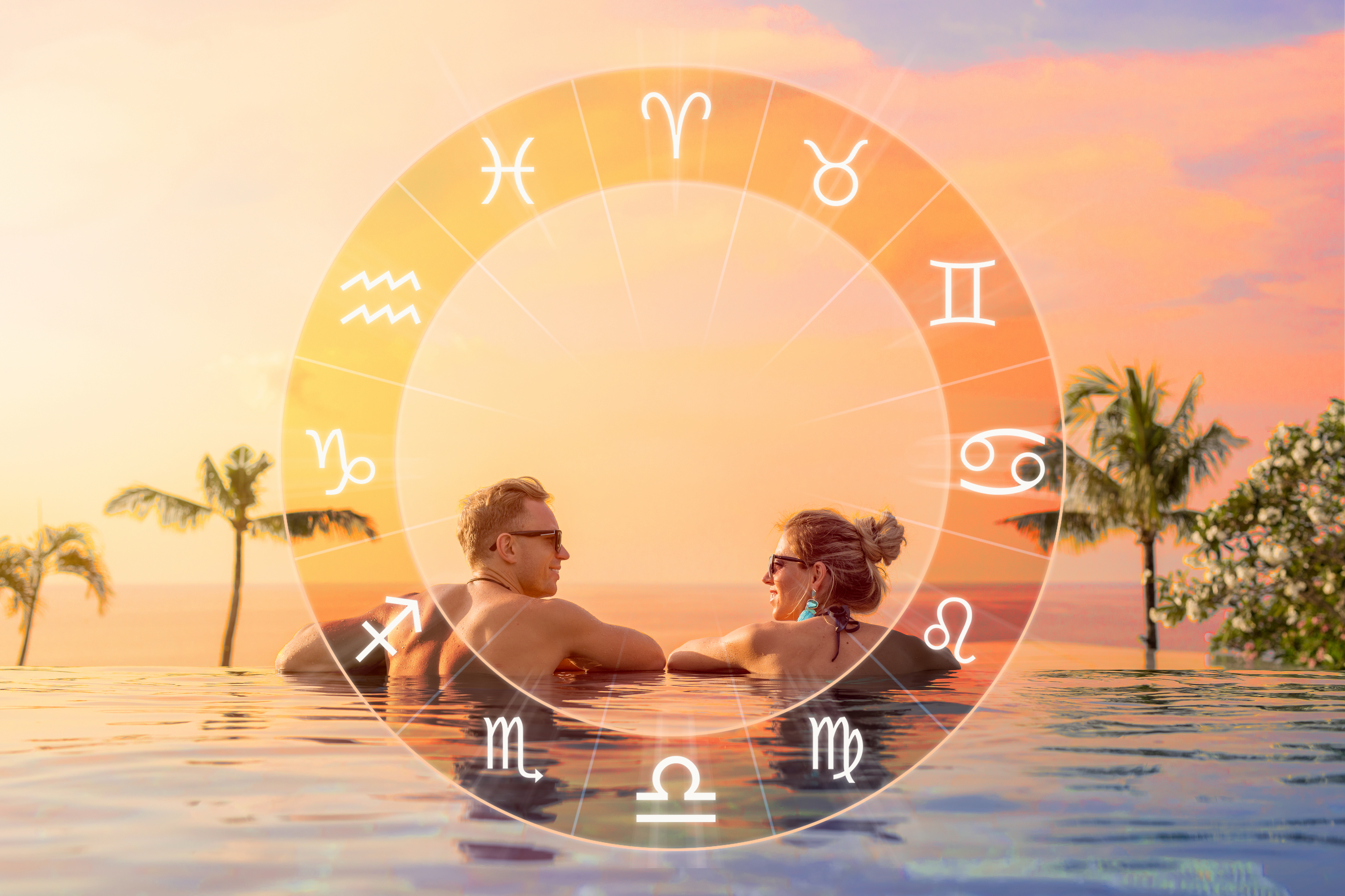 A photo of a happy couple between zodiac wheel | Source: Shutterstock