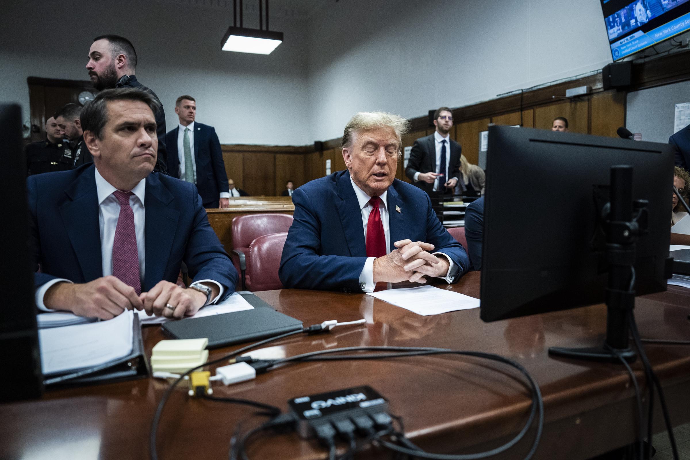 Donald Trump appears with Todd Blanche ahead of the start of jury selection at Manhattan Criminal Court on April 15, 2024, in New York City | Source: Getty Images