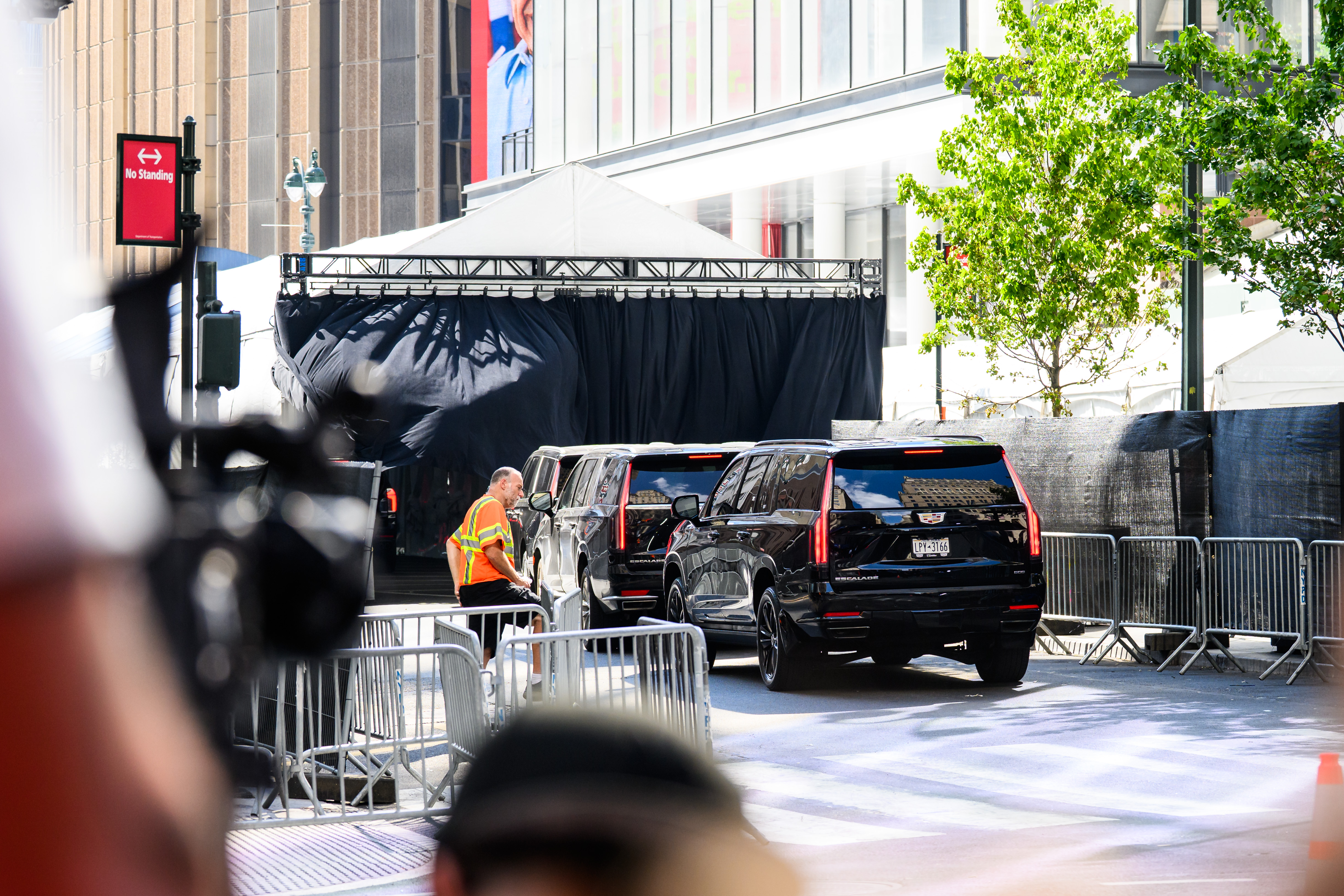 Vehicles arrive at Madison Square Garden ahead of Taylor Swift and Travis Kelce's wedding celebration in New York City on July 3, 2026. The couple's private event was held under tight security. | Source: Getty Images