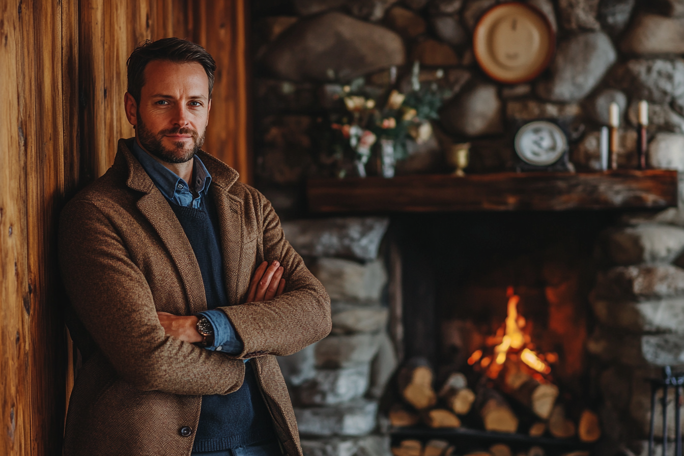 A man standing by a fireplace | Source: Midjourney