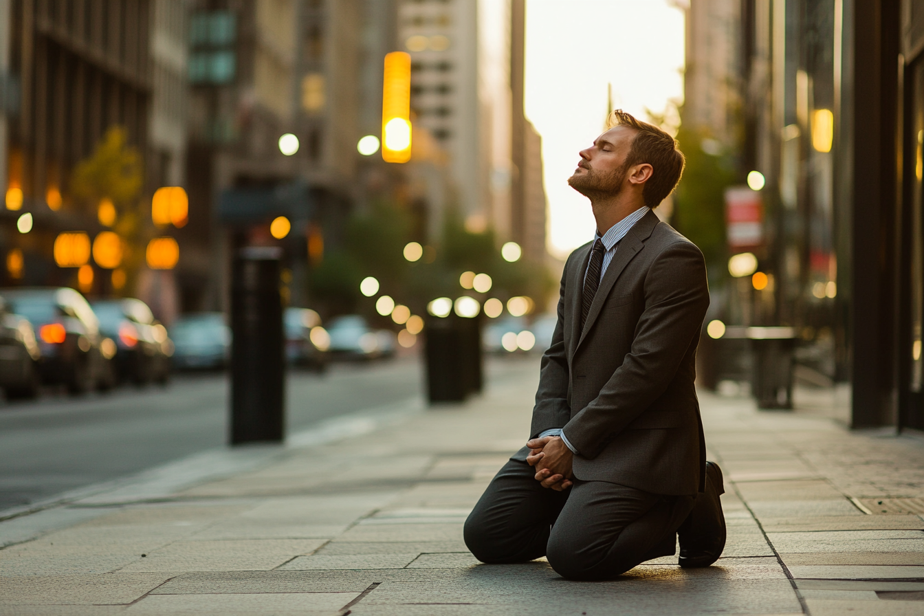 A man kneeling on a sidewalk | Source: Midjourney