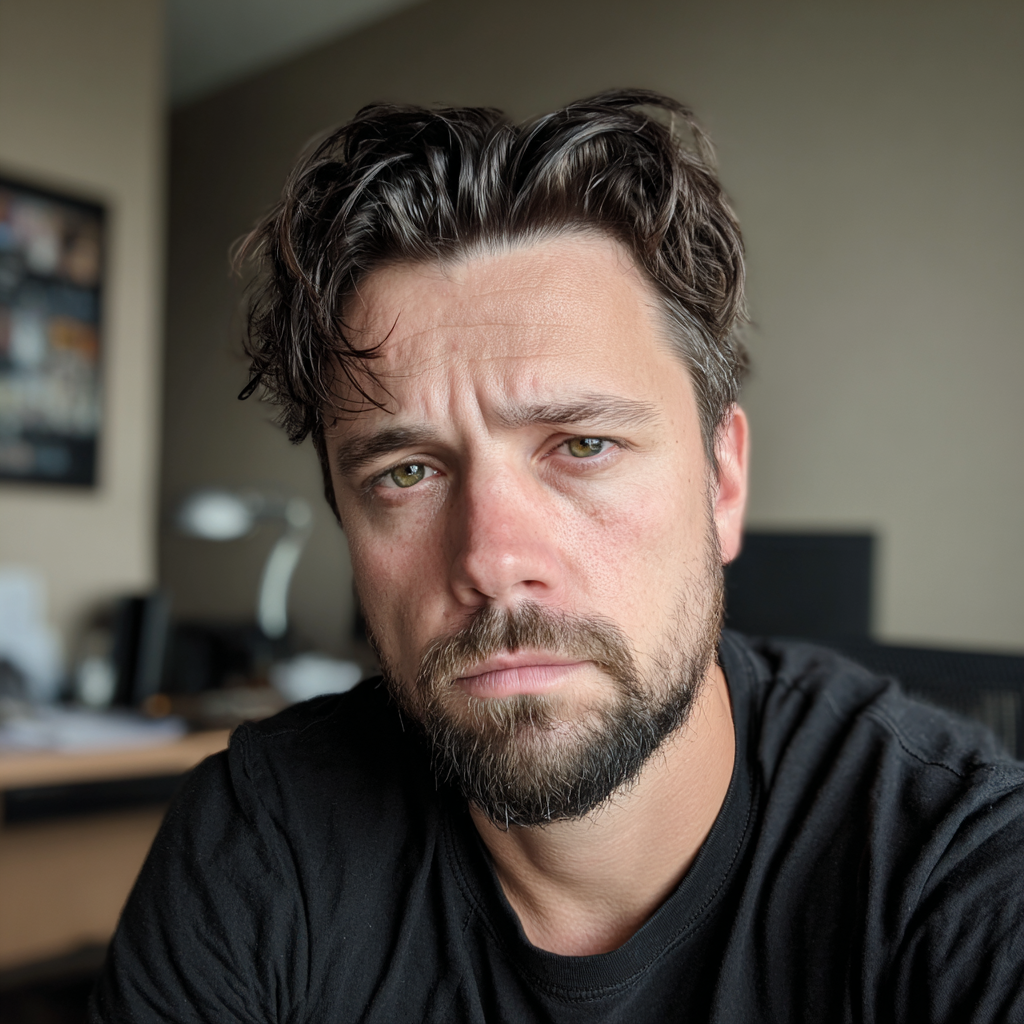 A frowning man sitting in an office | Source: Midjourney