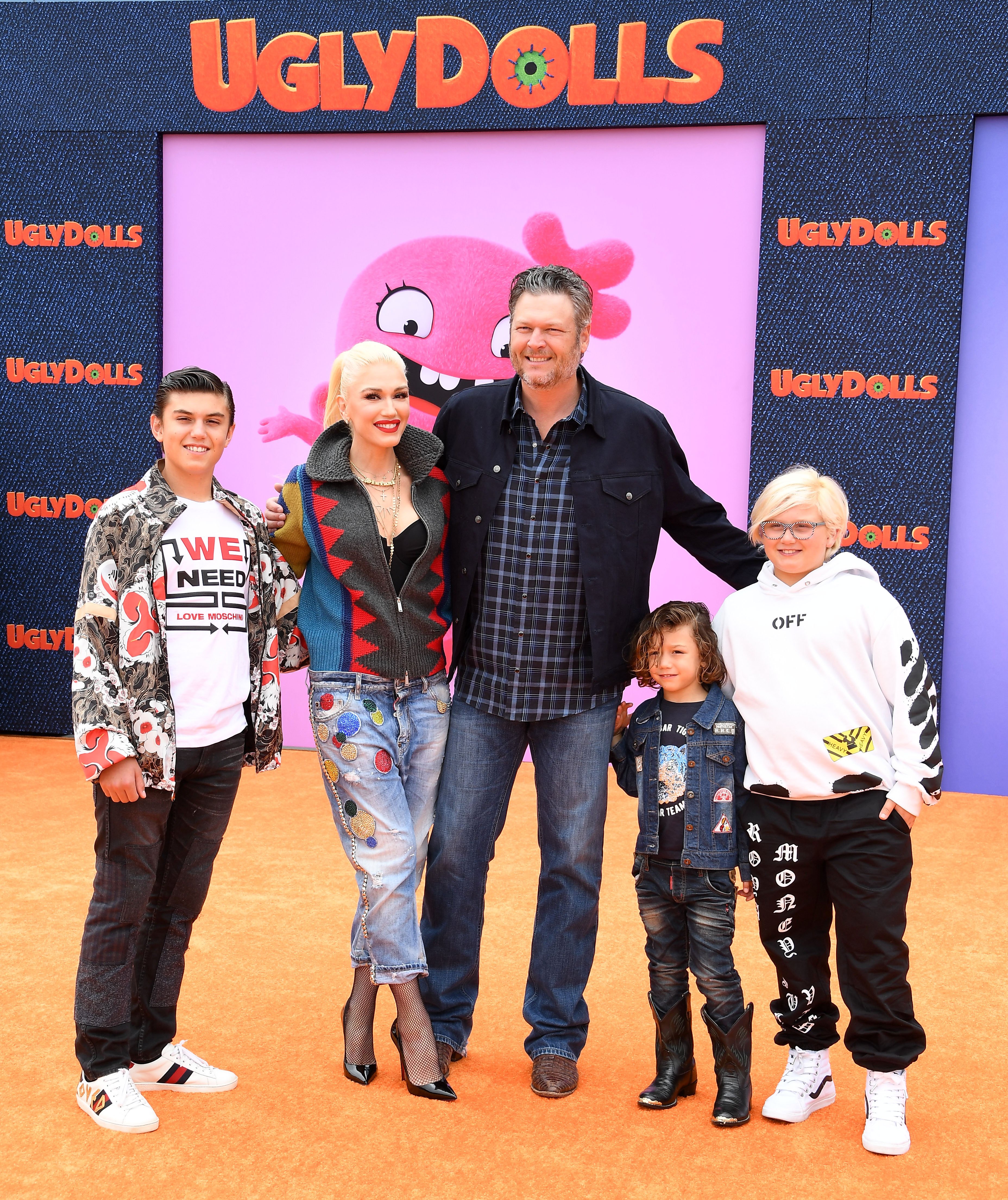 Kingston Rossdale, Gwen Stefani, Blake Shelton, Apollo Bowie Flynn Rossdale, and Zuma Nesta Rock Rossdale arrives at the STX Films World Premiere Of "UglyDolls" at Regal Cinemas L.A. Live on April 27, 2019 in Los Angeles, California | Source: Getty Images 