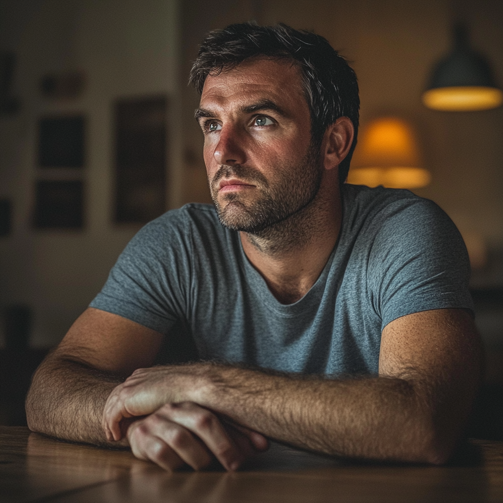 A man sitting at a table with folded arms | Source: Midjourney