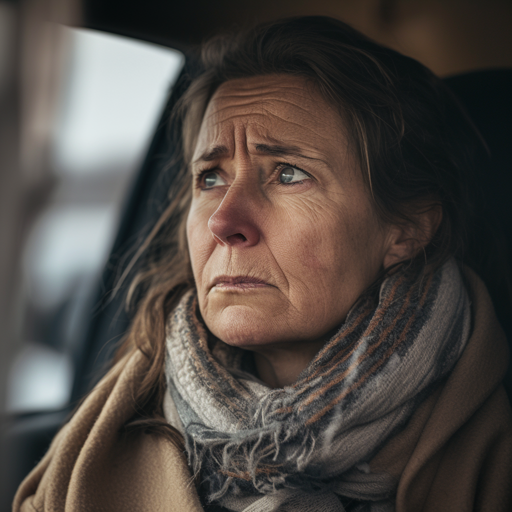 A sad older woman sitting in a car | Source: Midjourney