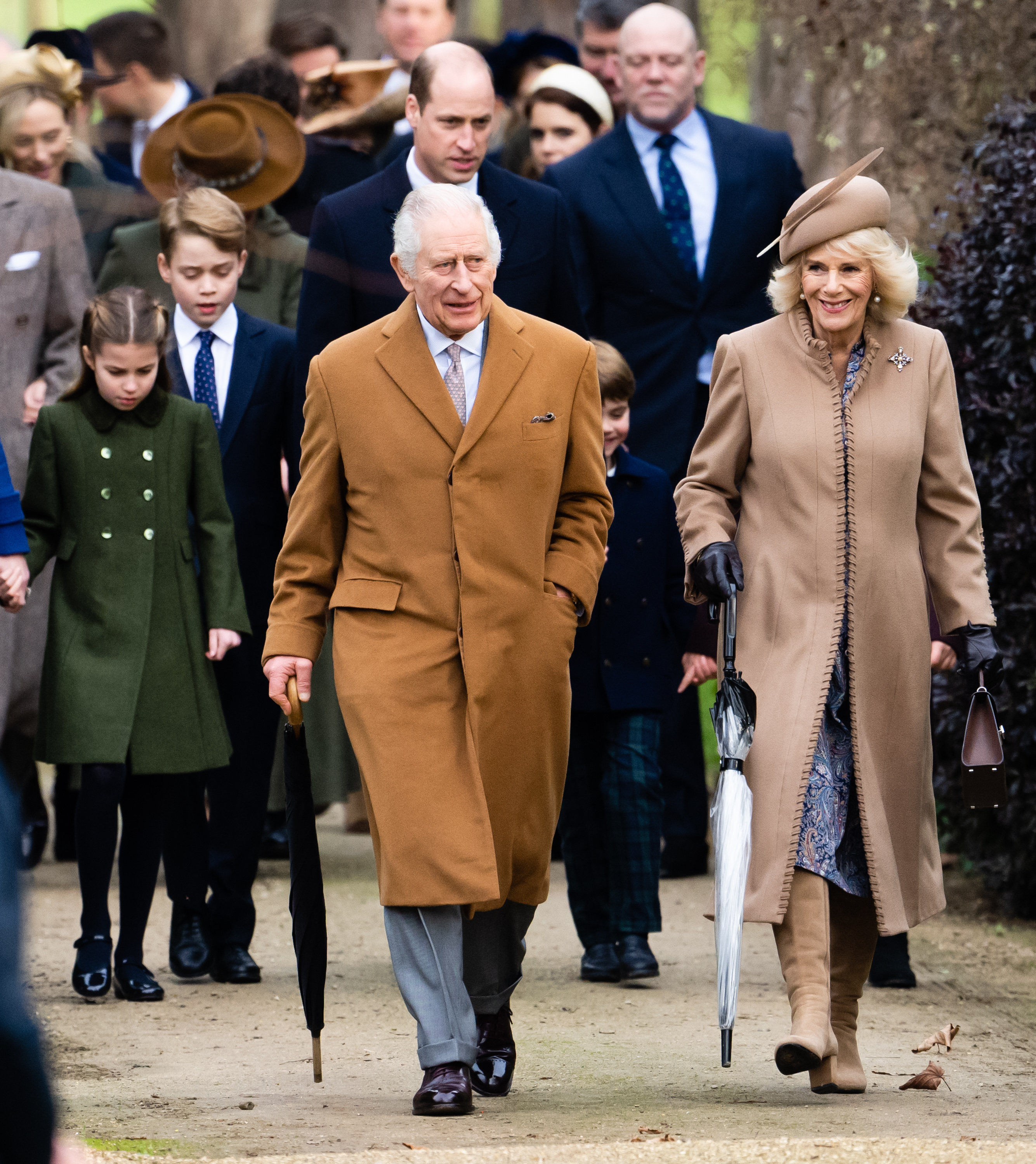 Princess Charlotte of Wales, Prince George of Wales, King Charles III, Prince William, Prince of Wales, Prince Louis of Wales, and Queen Camilla attend the Christmas Morning Service at Sandringham Church in Sandringham, Norfolk, on December 25, 2023. | Source: Getty Images