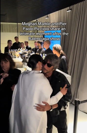 Meghan Markle and designer Pierpaolo Piccioli greeting each other at Paris Fashion Week on October 4, 2025 | Source: TikTok/saintleon