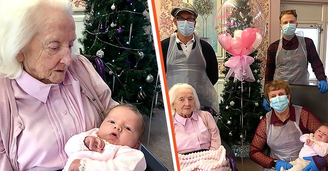 Gwen holds baby Maeva [Left]. Gwen pictured with the rest of her family in her care home [Right]. Photo: twitter.com/rapporthandc