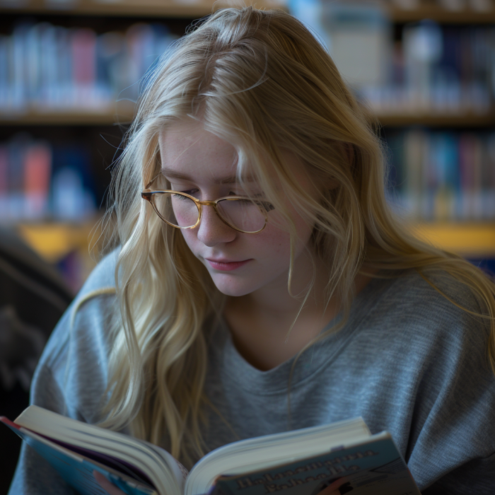 A teenage girl reading a book in a library | Source: Midjourney