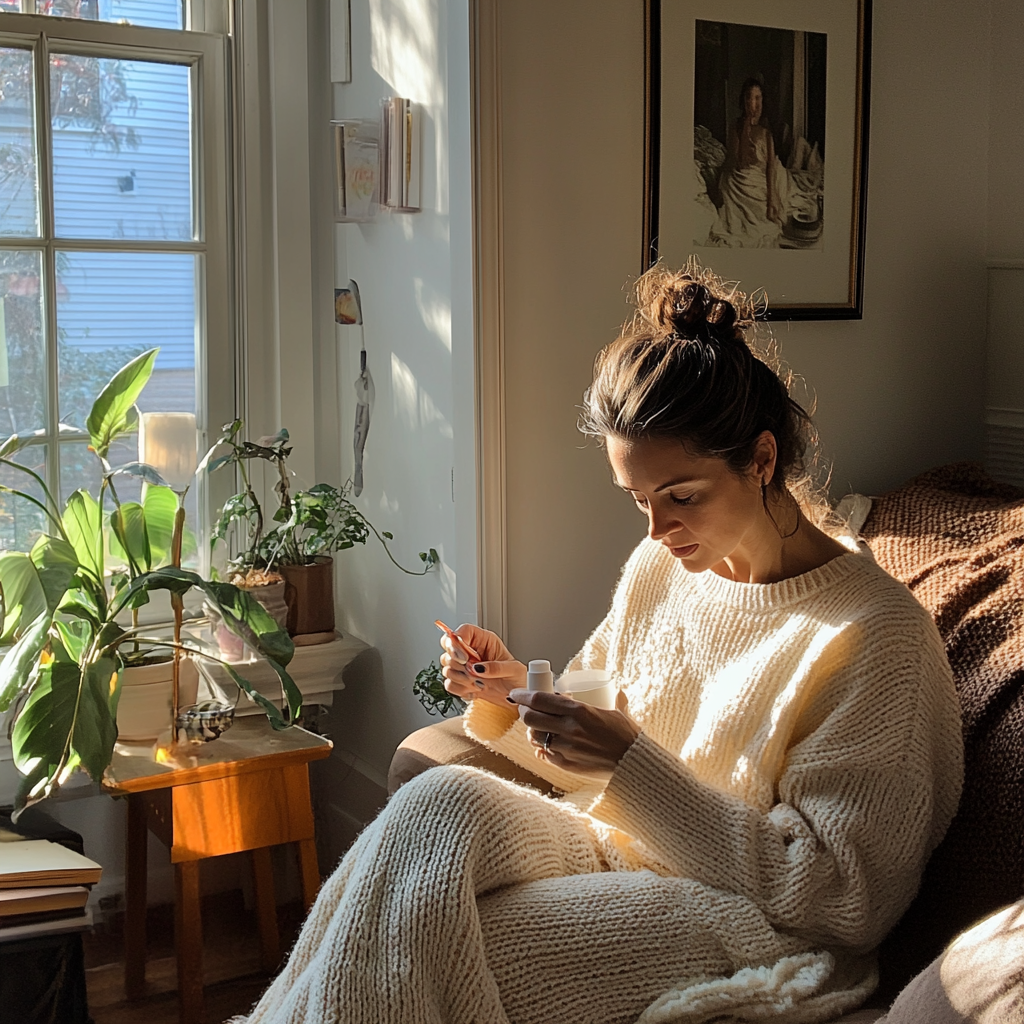 A woman sitting on a couch | Source: Midjourney