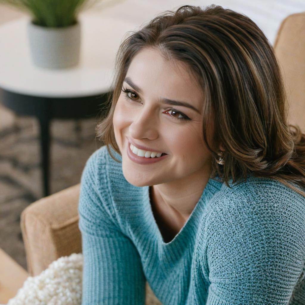 A woman smiling, looking relaxed in a living room | Source: Midjourney