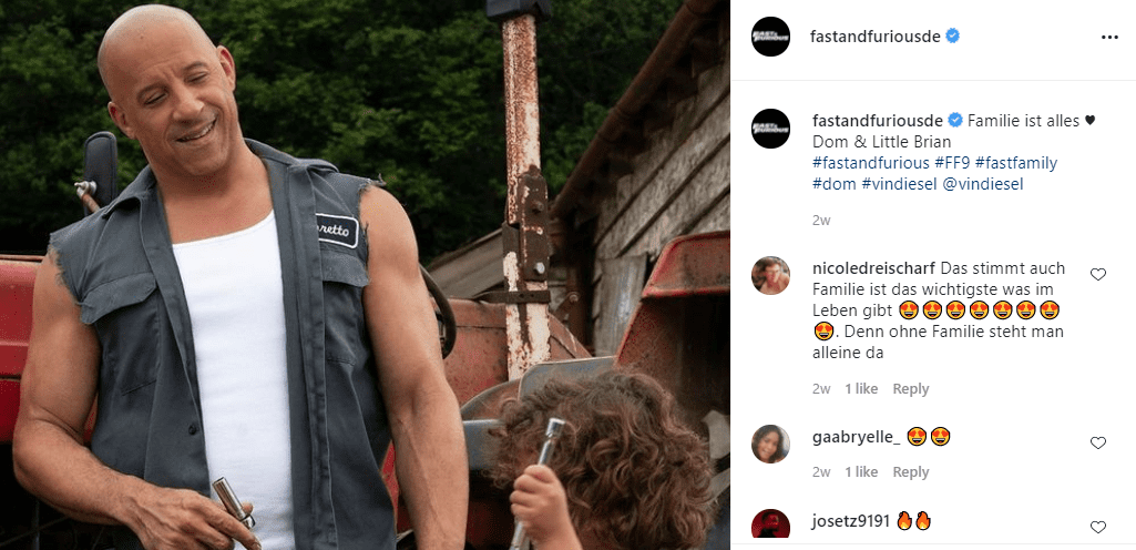 Vin Diesel’s character, Dominic Toretto, with his onscreen son on “F9.” Image shared on May 26, 2021 | Photo: Instagram/@fastandfuriousde