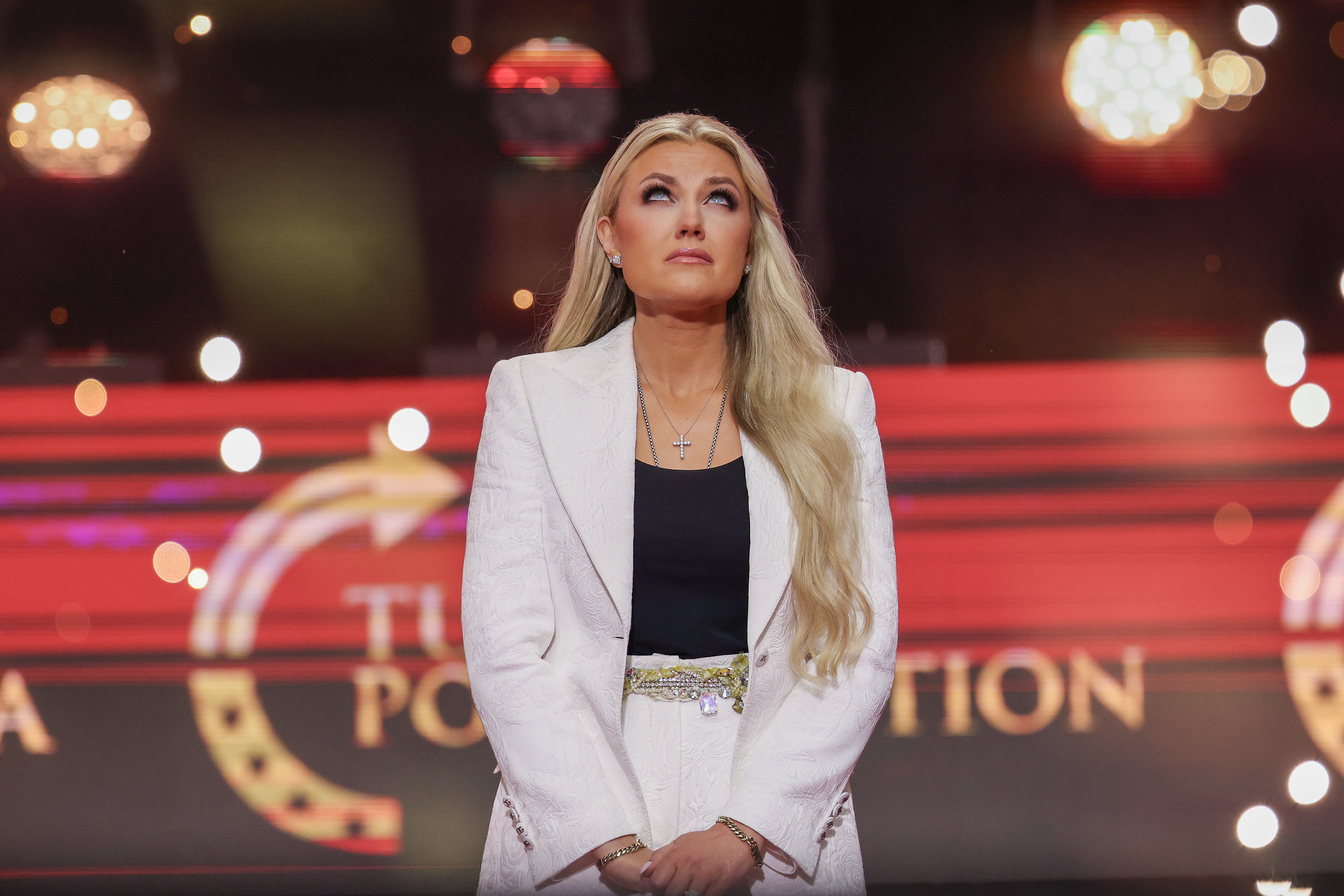 Erika Kirk speaks during the memorial service for her husband, political activist Charlie Kirk at State Farm Stadium on September 21, 2025, in Glendale, Arizona. | Source: Getty Images