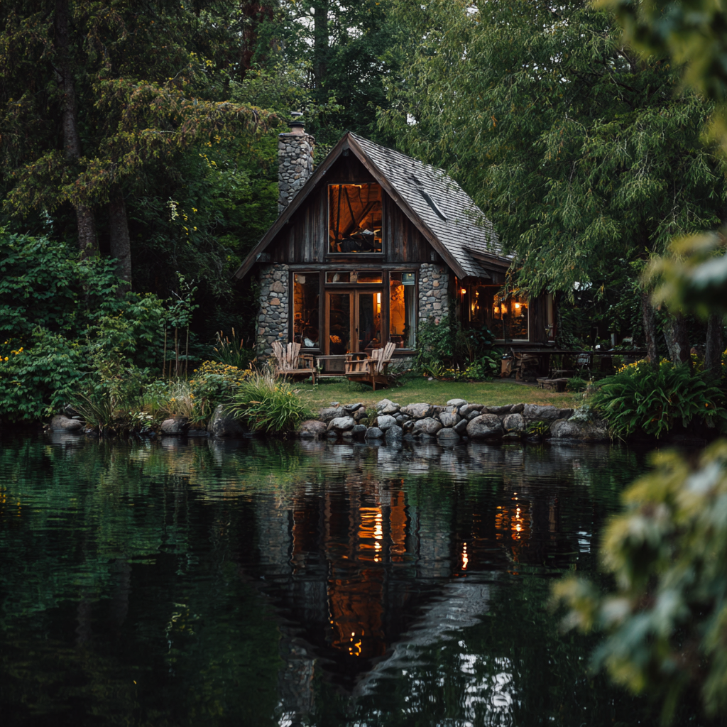 The exterior of a lakeside cabin | Source: Midjourney
