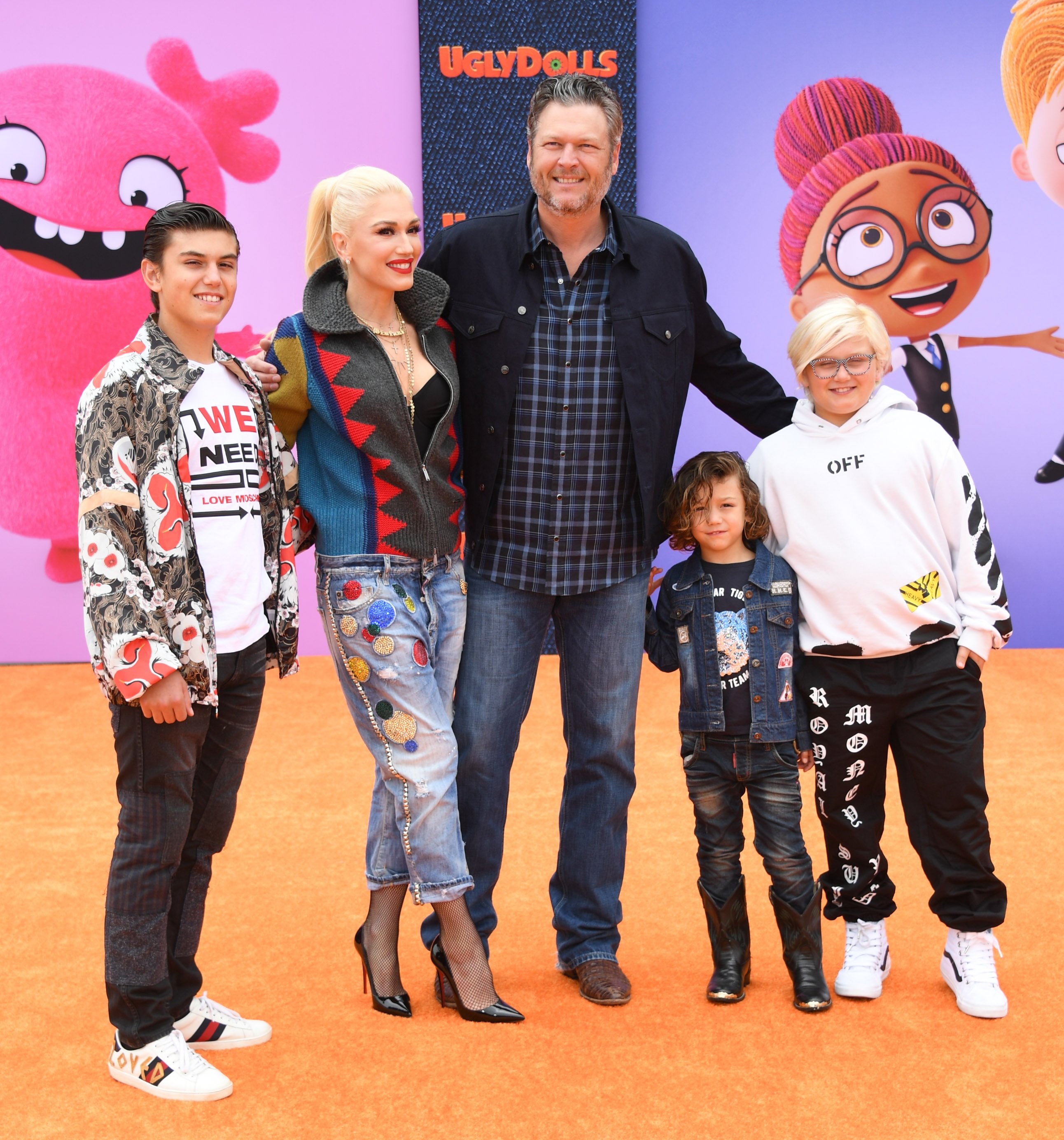 Kingston Rossdale, Gwen Stefani, Blake Shelton, Apollo Bowie Flynn Rossdale, and Zuma Nesta Rock Rossdale at the world premiere of STX Films' "UglyDolls" at Regal Cinemas L.A. Live on April 27, 2019 | Source: Getty Images