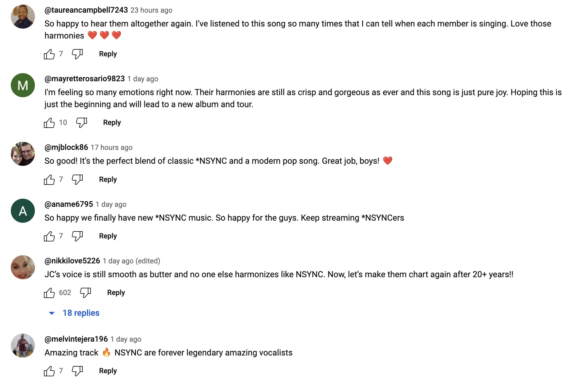 User comments on a post dated September 2023 | Source: YouTube/NSYNC