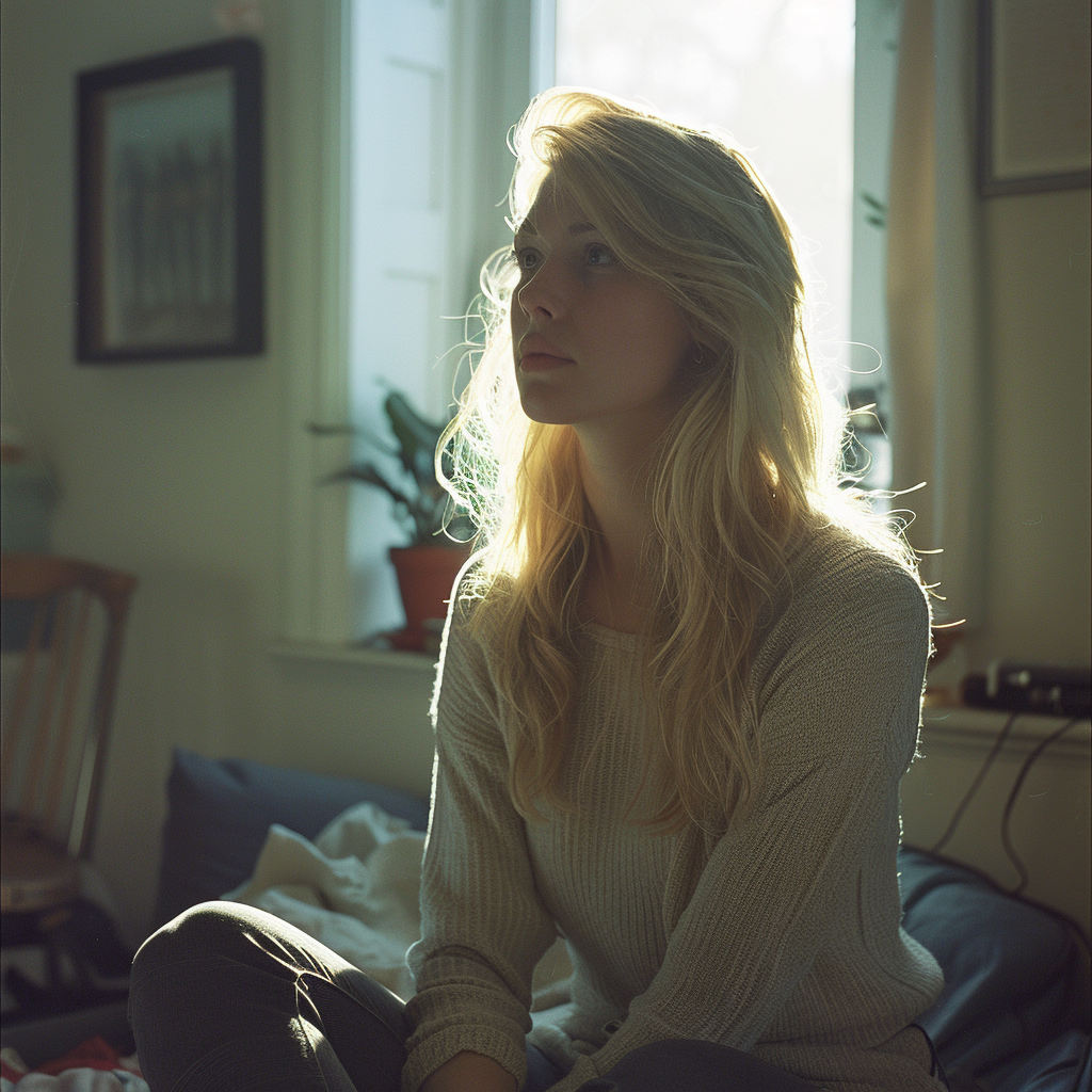 A sad woman sitting alone in her room | Source: Midjourney