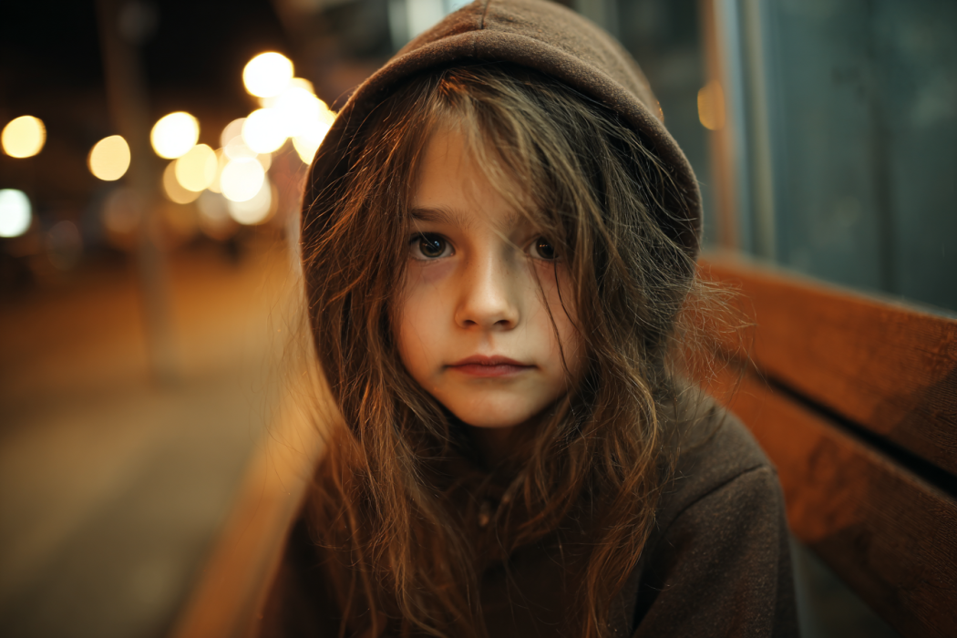 A little girl sitting on a bench outside at night | Source: Midjourney