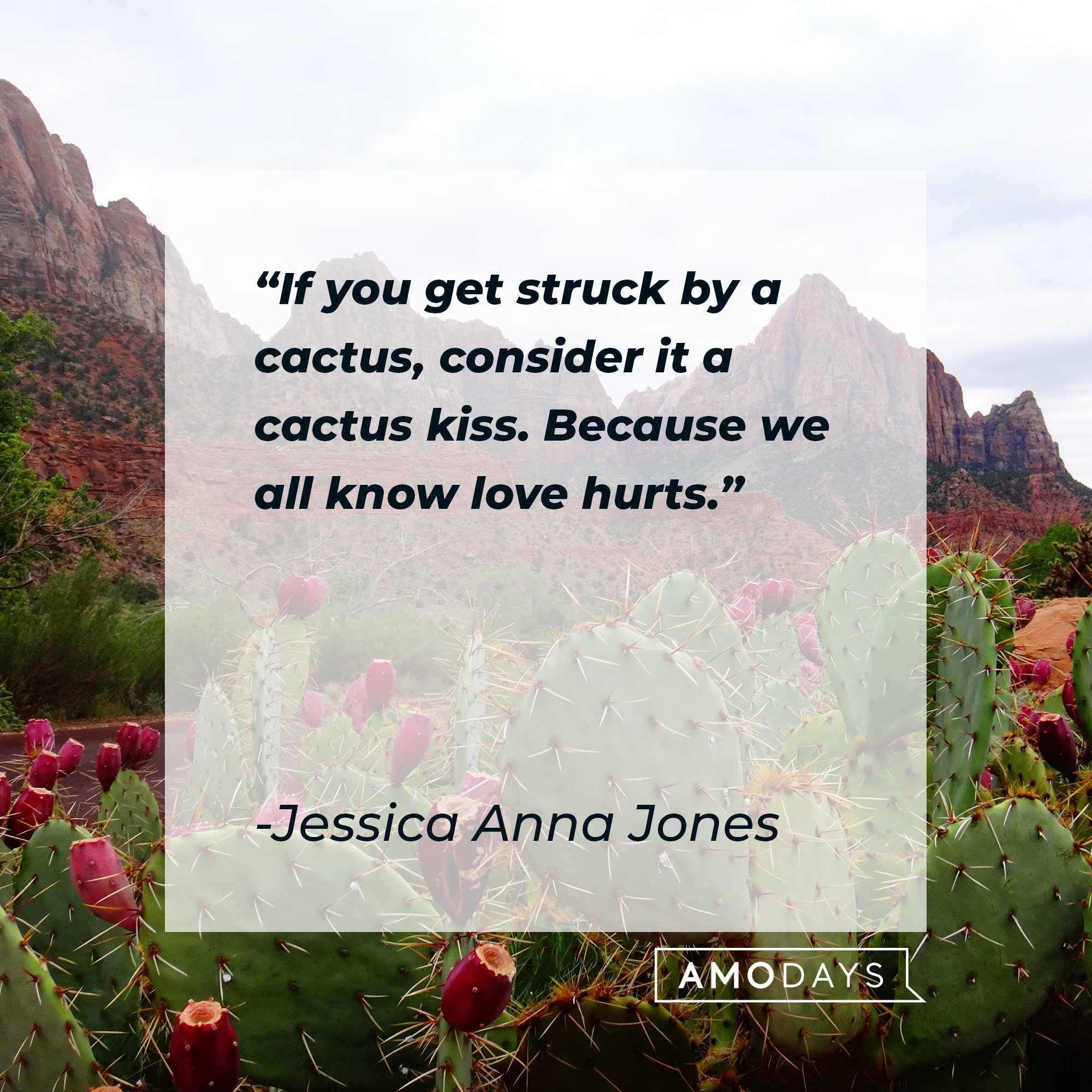 Jessica Anna Jones’ quote: "If you get struck by a cactus, consider it a cactus kiss. Because we all know love hurts." | Image: AmoDays
