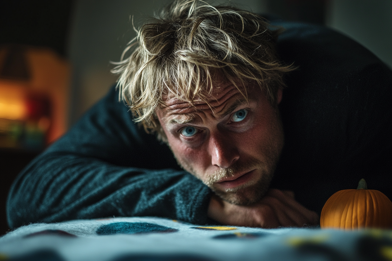 A man looking worried leaning over a bed | Source: Midjourney