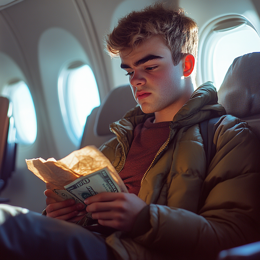 A man reading a note while holding a $10 bill | Source: Midjourney