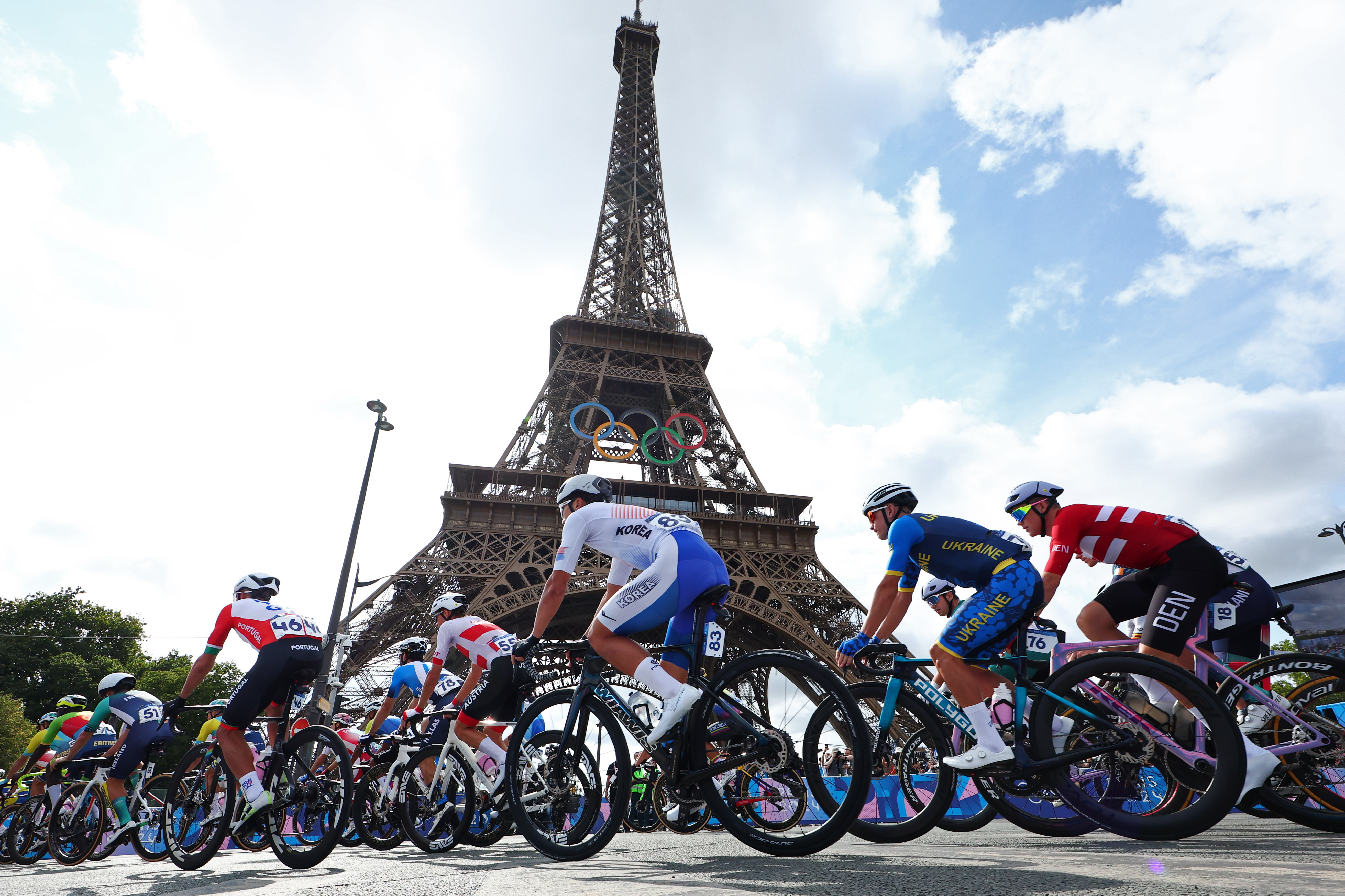 Cyclists riding by the Eiffel Tower during the Men's Road Race on day eight of the Olympic Games Paris 2024 on August 3 in France. | Source: Getty Images