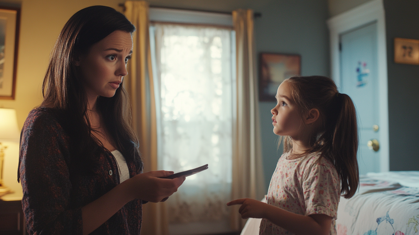 Nanny holding a wallet and looking at a girl | Source: Midjourney